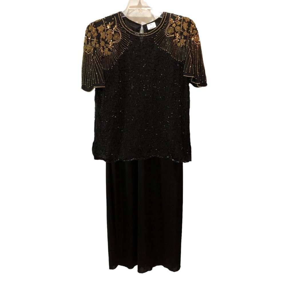 Praise Hymn Womens Small Black Gold Beaded Sequins Cocktail Party Formal Dress